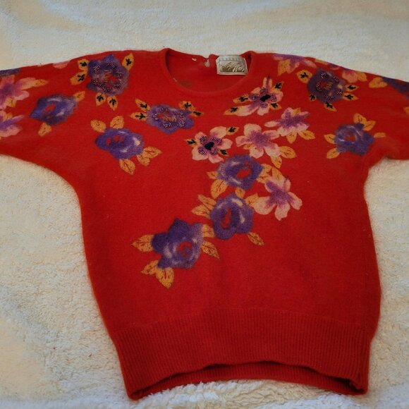 Vintage Red Floral Angora Sweater - Picture 6 of 7